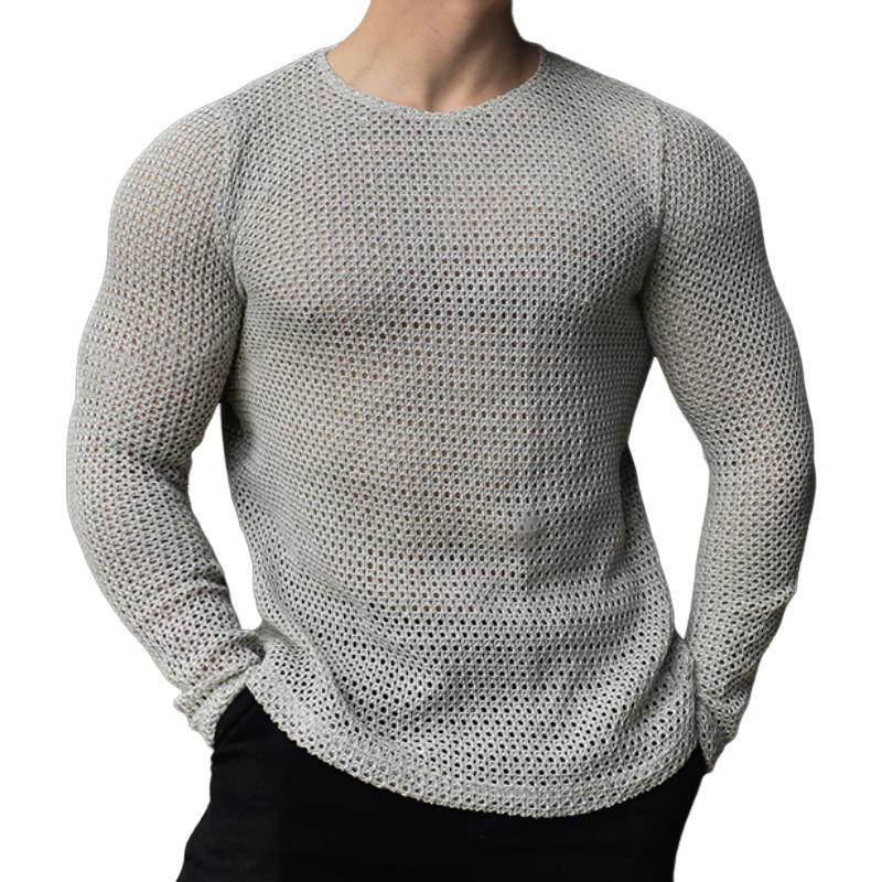 Men's Retro Casual Solid Color Round Neck Hollow Knit Sweater 17181760TO