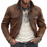 Men's Vintage Stand Collar Zipper Leather Jacket 98026840X