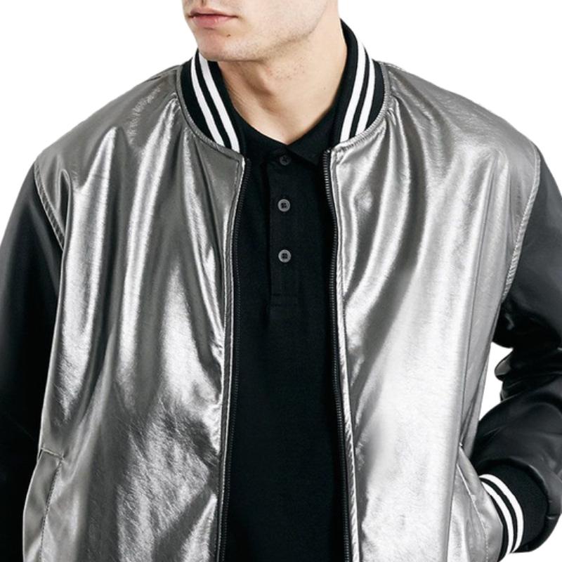 Men's Stylish Silver Leather Patchwork Baseball Jacket 12273739F