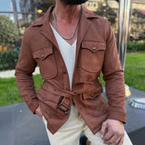 Men's Fashion Suede Lapel Multi-pocket Cargo Jacket 60728122Z