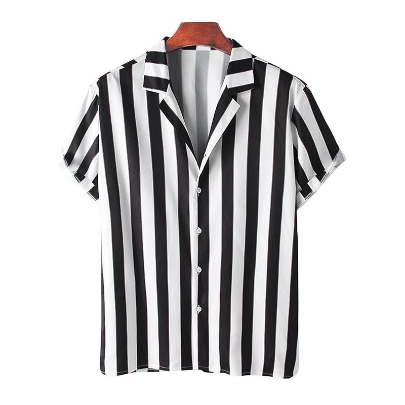 Men's Striped Lapel Short Sleeve Beach Shirt 94193961Z