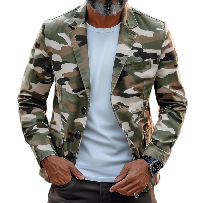 【Expédition 24 heures】Blazer décontracté à revers cranté et à boutonnage simple pour homme, style camouflage rétro 84824708Z