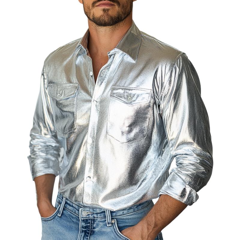 Men's Retro Silver Shiny Loose Long Sleeve Shirt 35978028U