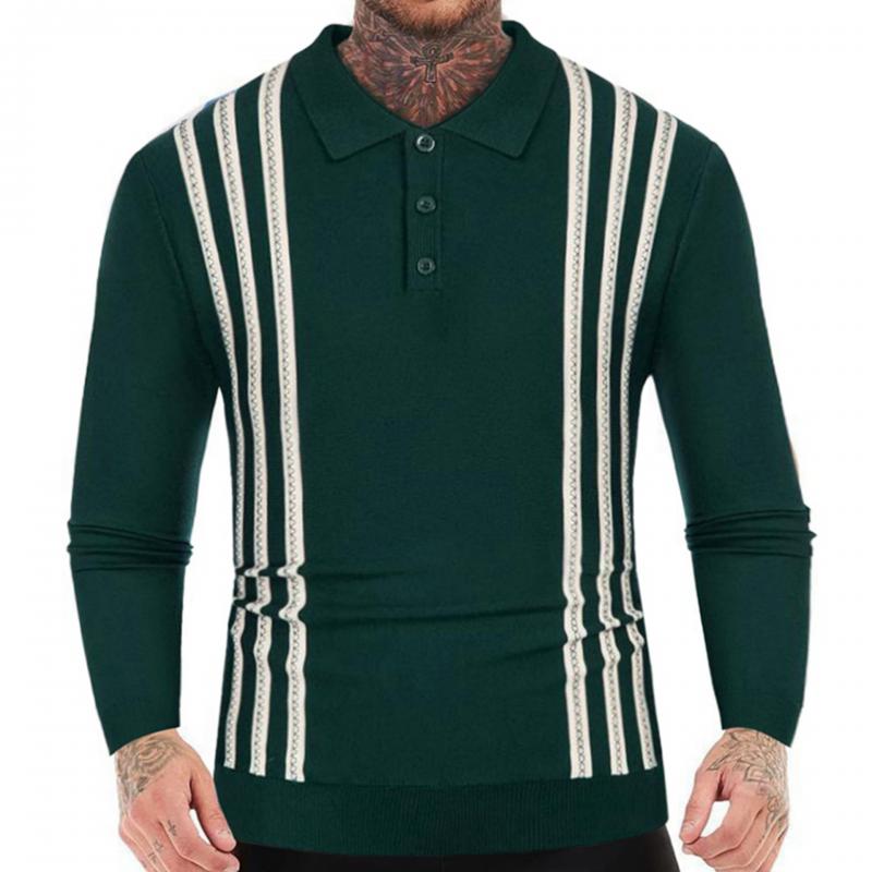 Men's Casual Thin Striped Knitted Long Sleeve Polo Shirt 04110554M