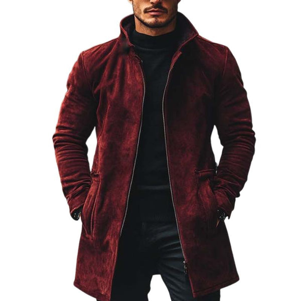 Men's Vintage Classic Stand Collar Thigh-Length Pocket Zipper Suede Coat 38493691K