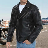 Men's Stylish Notch Lapel Zip-up Leather Motorcycle Jacket 42941184M