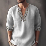 Men's Print Linen V Neck Long Sleeve Shirt 56578095Z