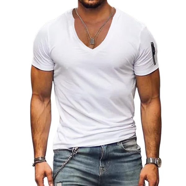8470Men's Solid Color V-neck Zipper Short-sleeved T-shirt 1414X
