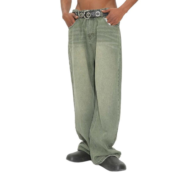 Men's Loose Washed Vintage Green Frayed Jeans 27023595X