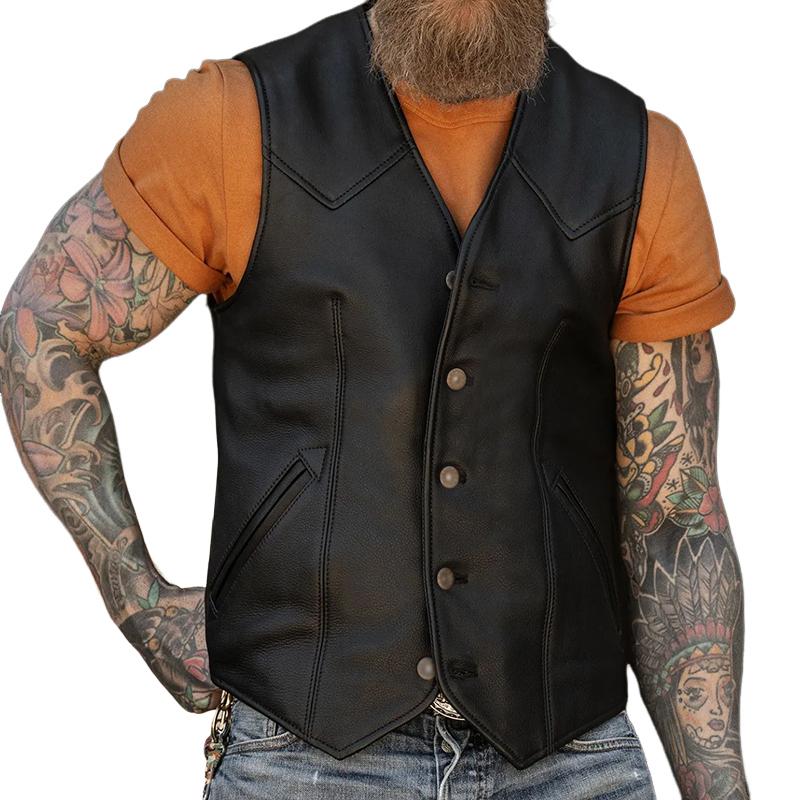 Men's Vintage Casual Button Collarless Leather Vest 78056518TO