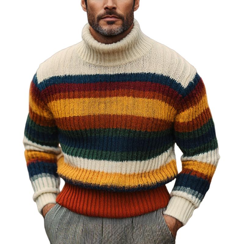 Men's Casual Turtleneck Pullover Striped Knit Sweater 61348930F