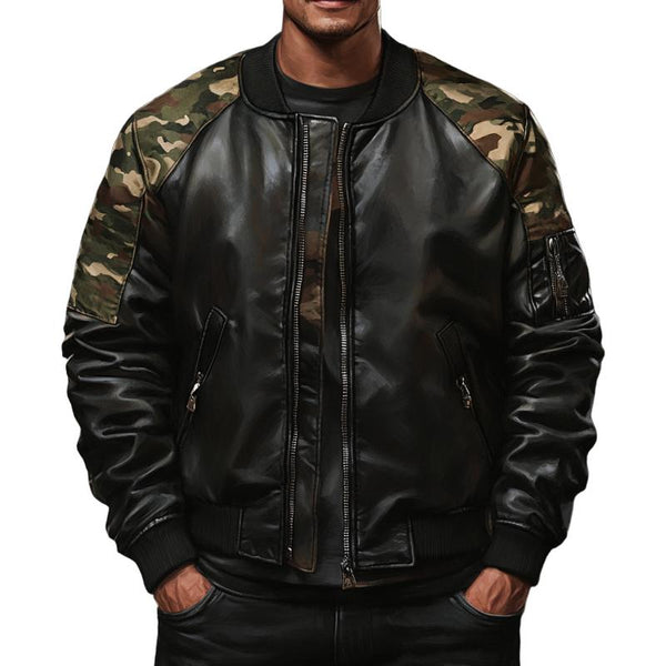 Men's Classic Retro Casual Stitching Camouflage Zipper Leather Jacket 06838110K