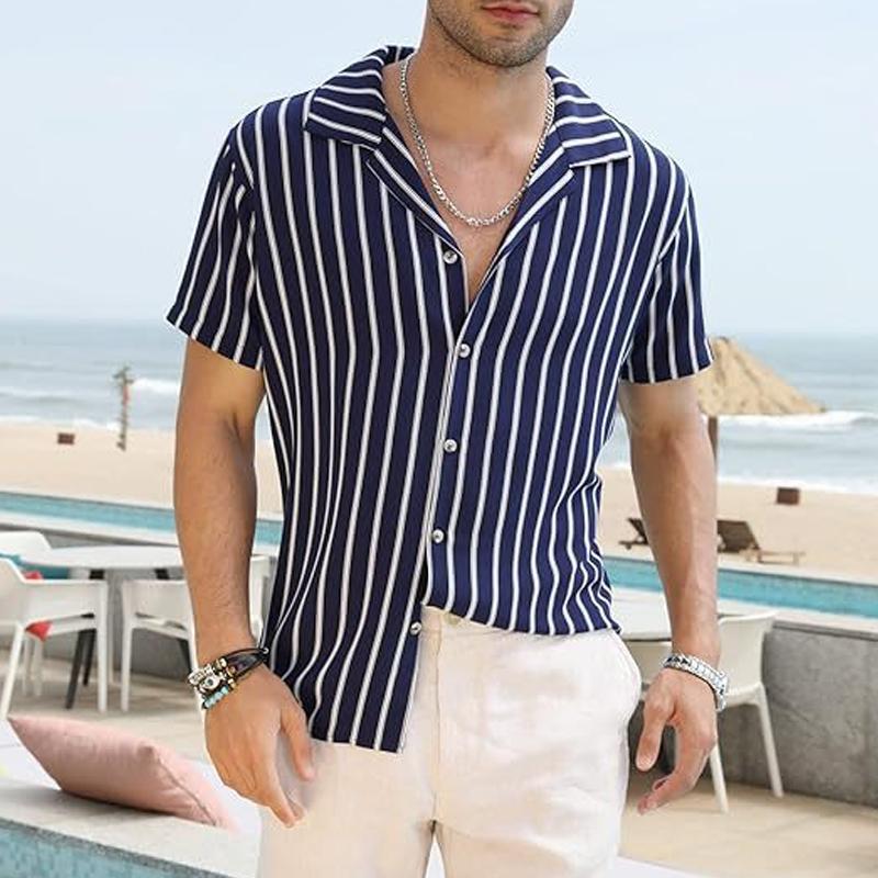 Men's Striped Lapel Short Sleeve Beach Shirt 58520019Z