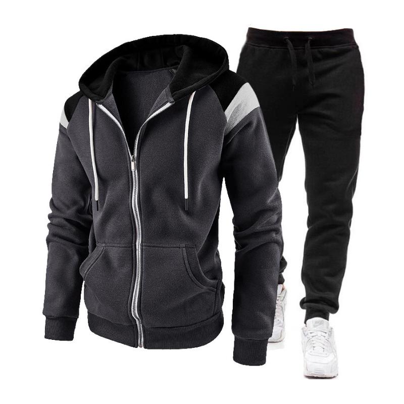 Men's Casual Colorblock Hooded Zipper Jacket Sports Sweatpants Set 01688970M