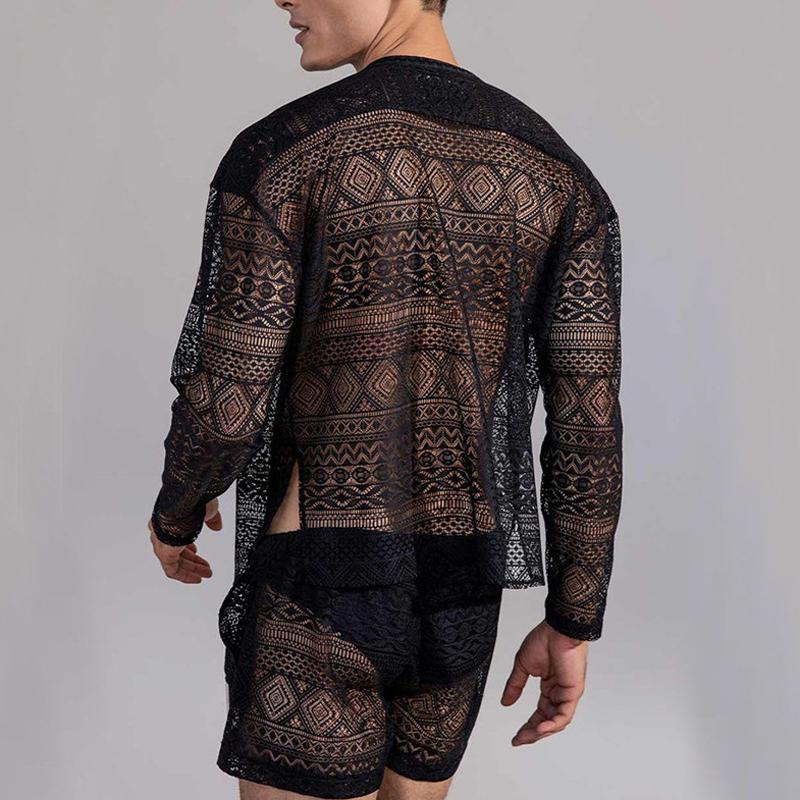 Men's Fashion Lace Round Neck Long Sleeve Shirt Shorts Set 22965585Z