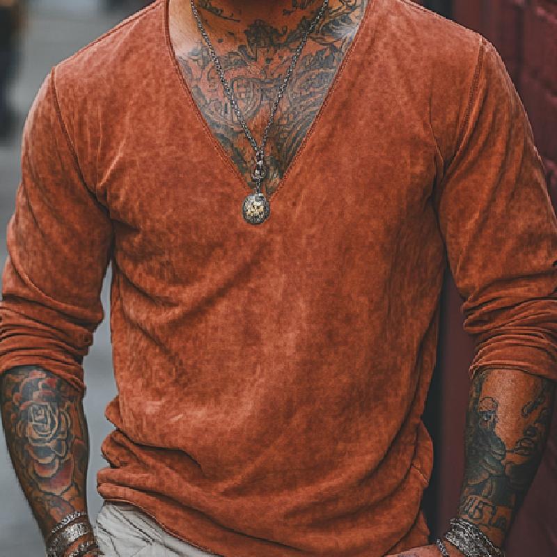 Men's Classic V-Neck Air Layer Suede Long Sleeve T-Shirt 35368892F