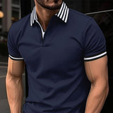 Men's Striped Stitching Lapel Short Sleeve Casual Polo Shirt 40413977Z