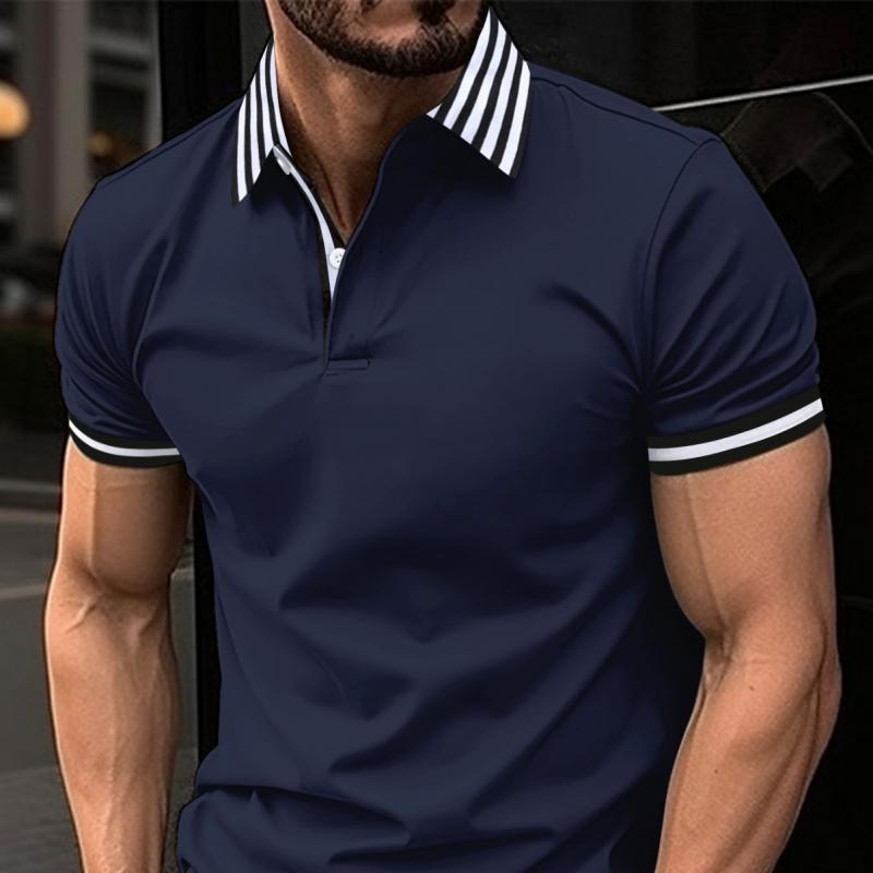 Men's Striped Stitching Lapel Short Sleeve Casual Polo Shirt 40413977Z