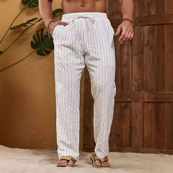 Men's Striped Cotton And Linen Elastic Waist Straight Casual Pants 33294426Z