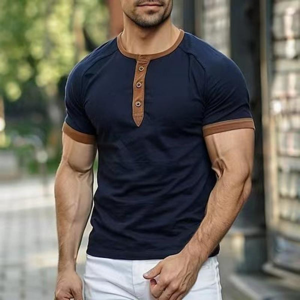 Men's Casual Contrast Color Henley Collar Slim Fit Short Sleeve T-Shirt 84918715M