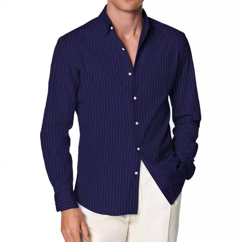 Men's Casual Striped Lapel Slim Fit Long Sleeve Shirt 59617900M