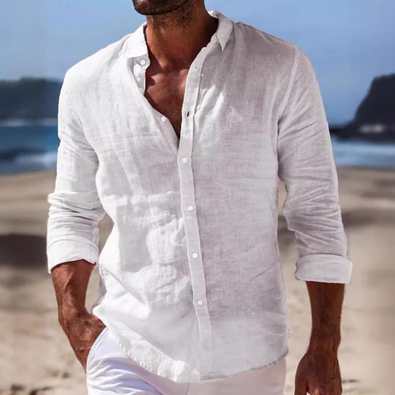 Men's Casual Cotton Linen Thin Lapel Long-Sleeved Shirt 31459816M