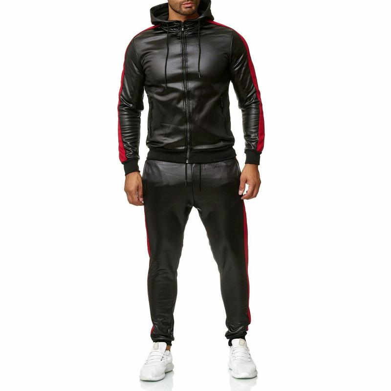 Men's Color Block Leather Hooded Zipper Jacket Trousers Casual Set 53659156Z