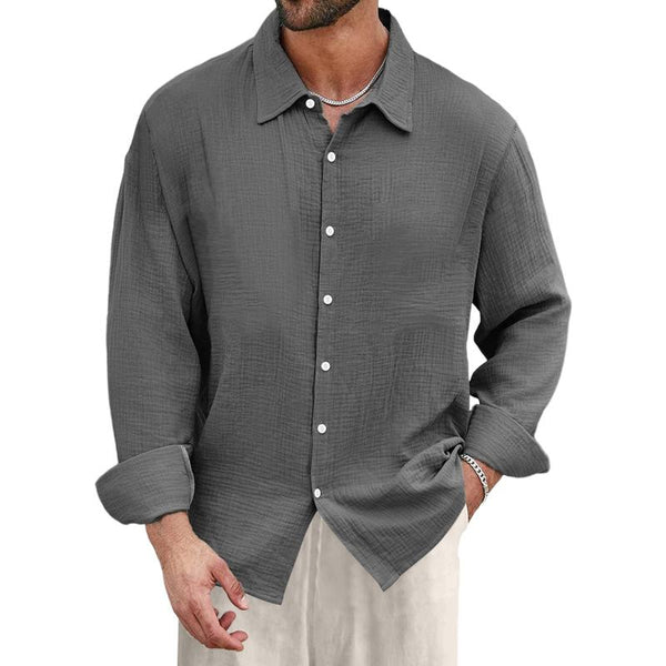 Men's Casual Cotton Linen Pleated Lapel Loose Long-sleeved Shirt 21693530M