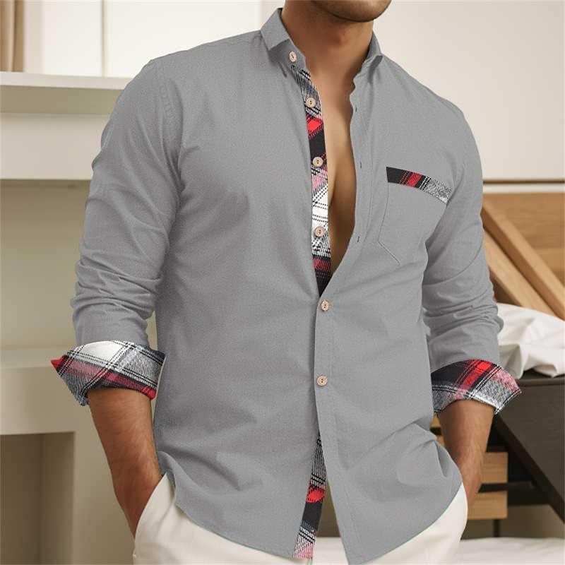 Men's Casual Check Print Lapel Stitching Long Sleeve Shirt 17434047Y