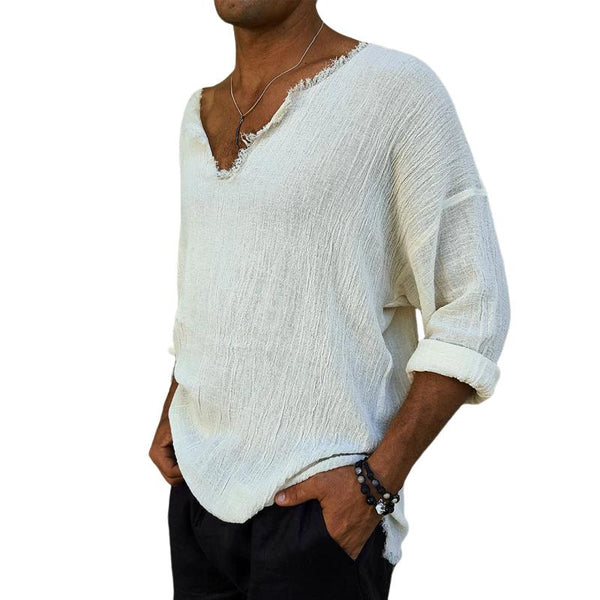 Men's Casual Cotton Blended V-Neck Raw Edge Long Sleeve T-Shirt 50778819M