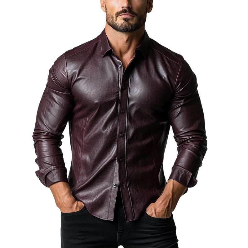 Men's Fashion Solid Color Lapel Slim Fit Long Sleeve Leather Shirt 82672488Y