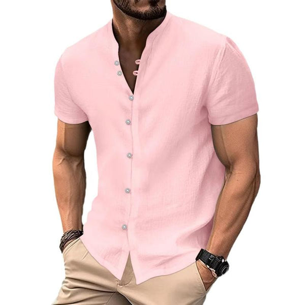 Men's Casual Cotton Linen Stand Collar Slim Fit Short-sleeved Shirt 87155535M