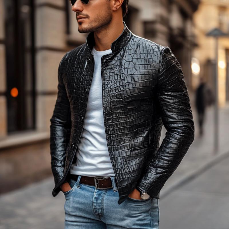 Men's Fashion Crocodile Leather Stand Collar Single Breasted Slim Fit Jacket 22007630M