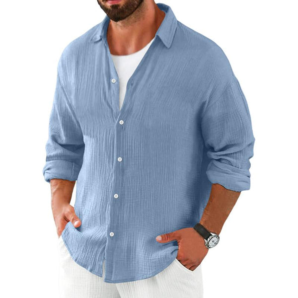 Men's Casual Cotton Linen Pleated Lapel Loose Long-sleeved Shirt 82882874M