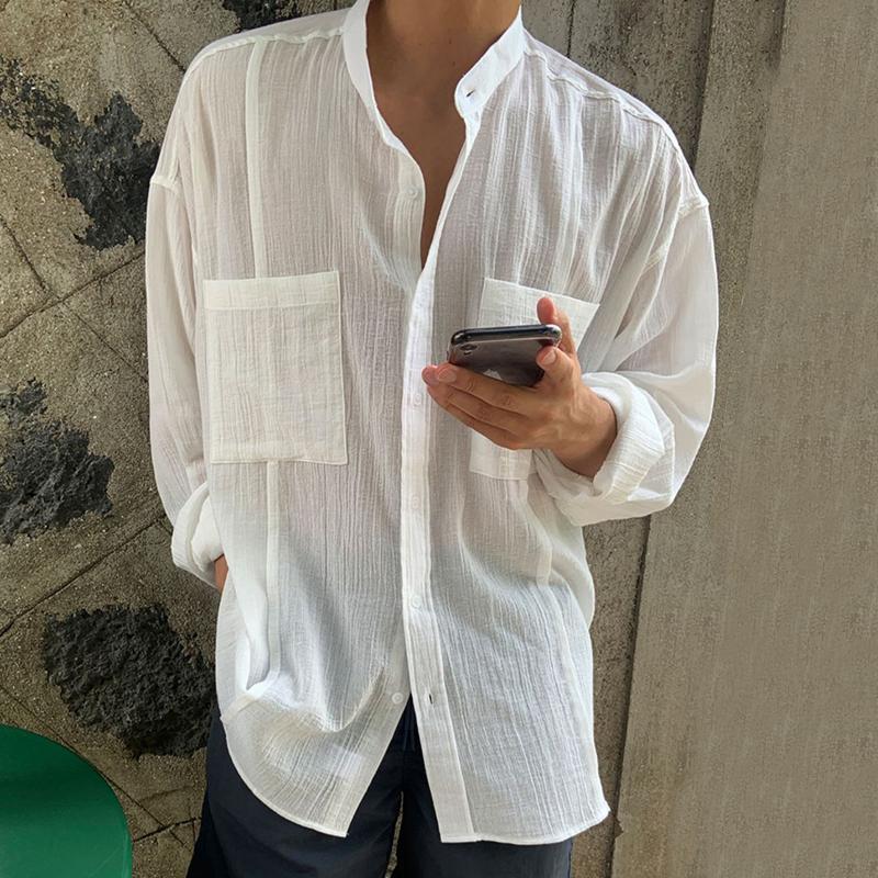 Men's Solid Loose Cotton And Linen Stand Collar Breast Pockets Long Sleeve Shirt 27441290Z