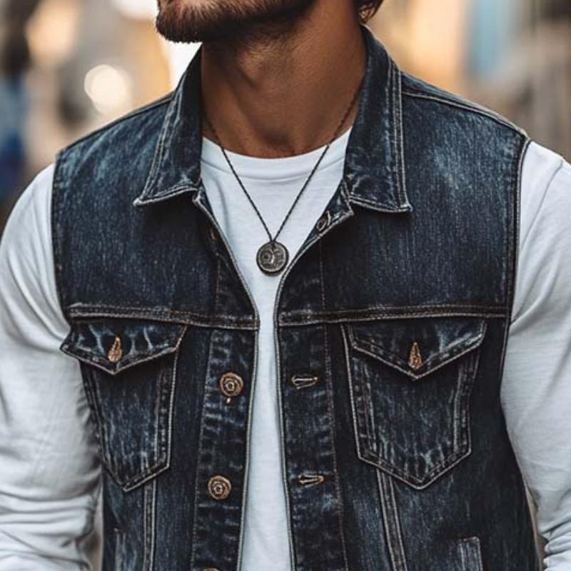 Men's Classic Casual Washed Distressed Denim Vest 78365800K