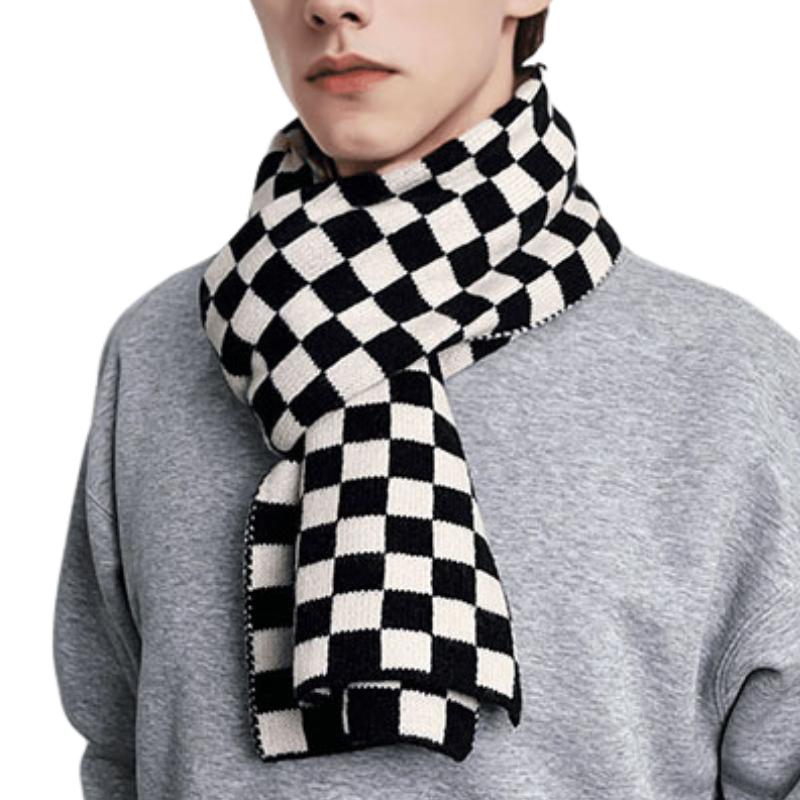 Men's All-match Black and White Plaid Knitted Warm Scarf 43686443F