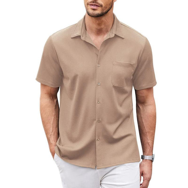 Men's Solid Color Lapel Chest Pocket Short Sleeve Shirt 05423684Y