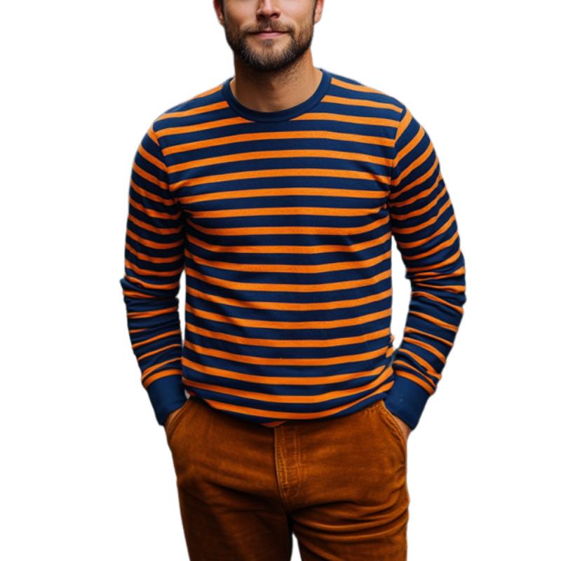 Men's Classic Casual Round Neck Horizontal Striped Cotton Long-sleeved T-shirt 82630494K