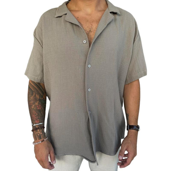 Men's Solid Cotton And Linen Lapel Short Sleeve Casual Shirt 53902069Z