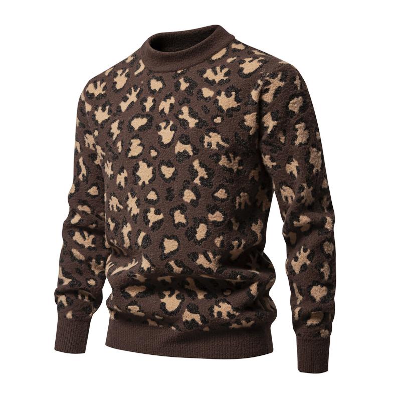 Men's Fashion Stand Collar Leopard Print Slim Fit Pullover Sweater 81270333M