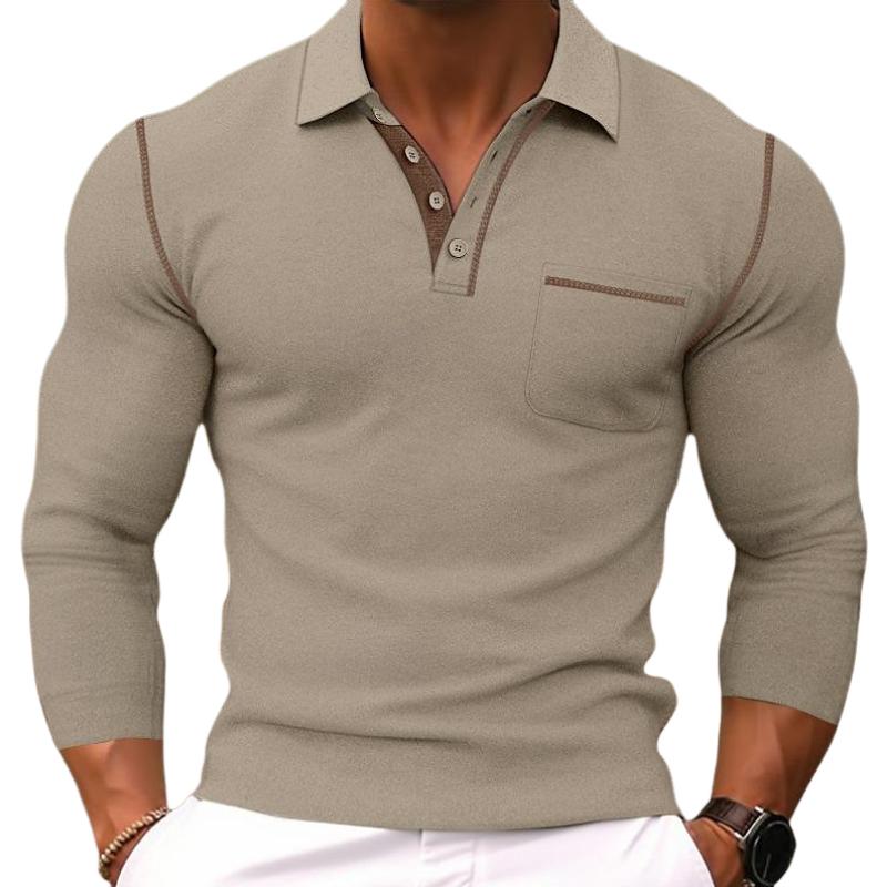 Men's Casual Colorblock Lapel Slim Fit Long Sleeve Polo Shirt 24545515M