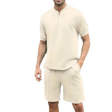 Men's Casual Waffle Stand Collar Zipper Short-sleeved T-shirt Sports Shorts Set 04629499M