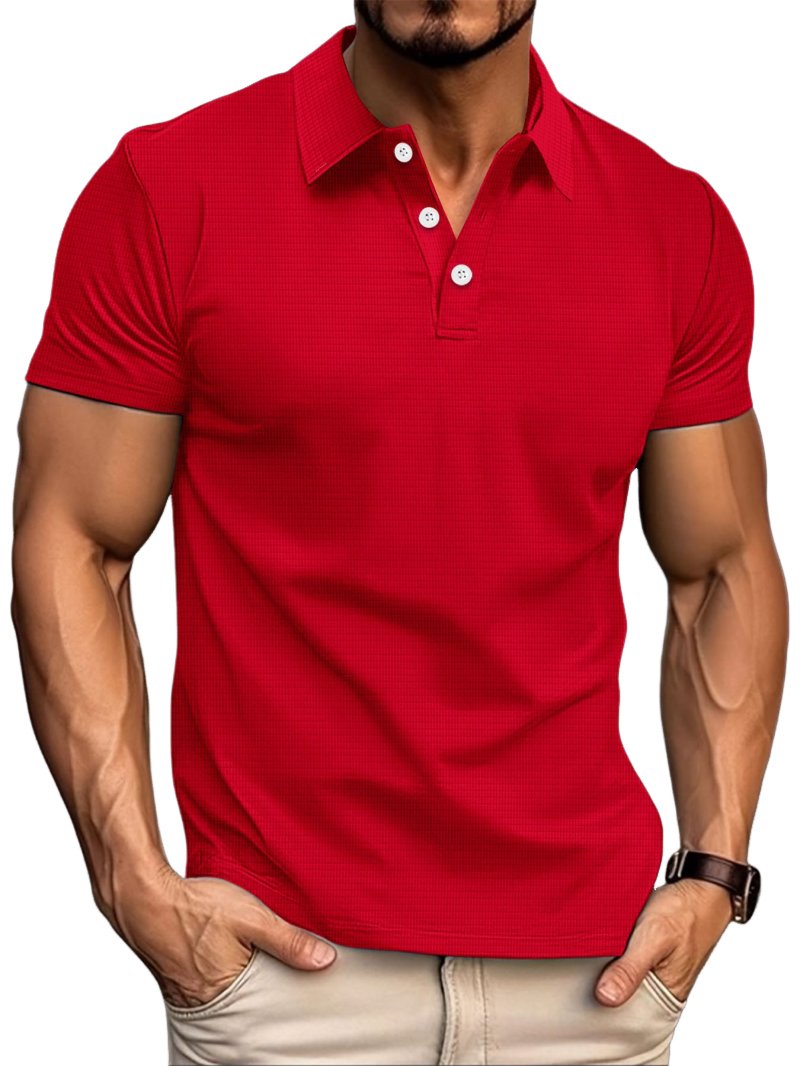 Men's Casual Waffle Lapel Button-Down Short Sleeve Polo Shirt 21824374M