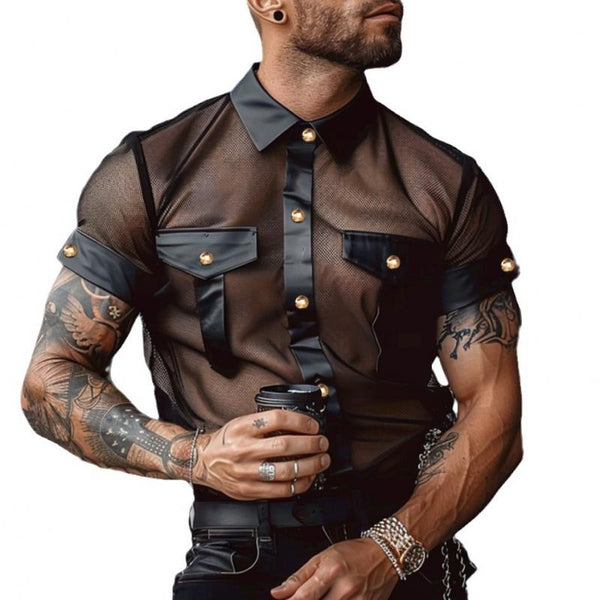 Men's Sexy See-Through Mesh PU Splicing Lapel Slim Short Sleeve Shirt 04622519M