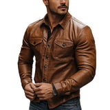 Men's Classic Vintage Casual Multi-Pocket Leather Long Sleeve Shirt 52167261K