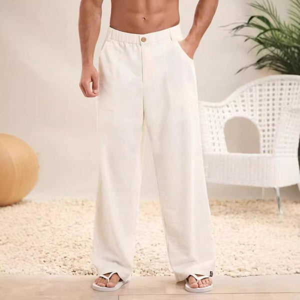 Men's Solid Color Cotton And Linen Elastic Waist Straight Casual Pants 57901263Z