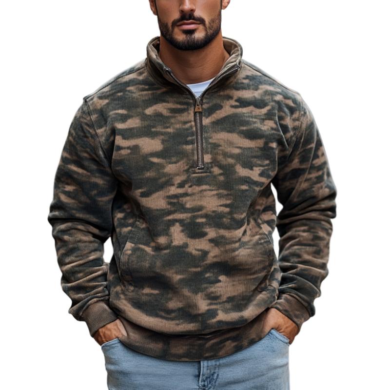 Men's Classic Casual Camouflage Stand Collar Zipper Corduroy Sweatshirt 87458787K