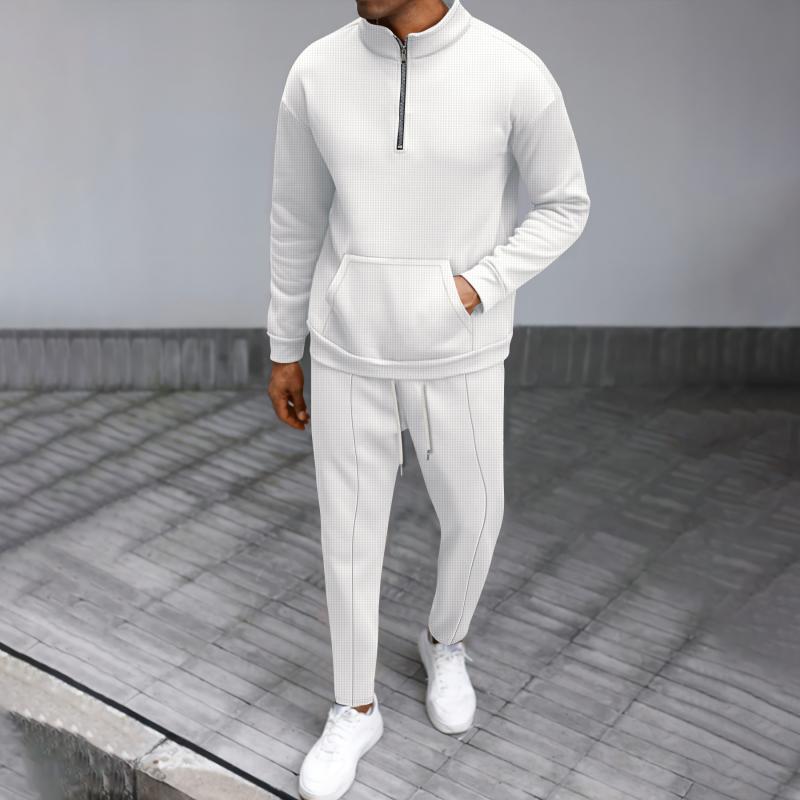 Men's Casual Waffle Zipper Stand Collar Long Sleeve Sweatshirt Sports Pants Set 29559493M