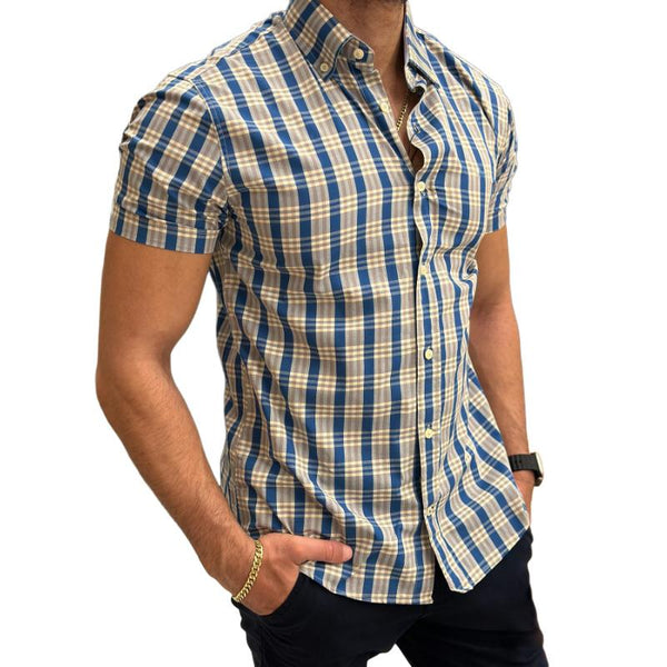 Men's Retro Plaid Lapel Short Sleeve Shirt 06550420TO